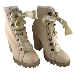 Schutz Cream Leather Heeled Lace Up Boot Size 5B NWOB
